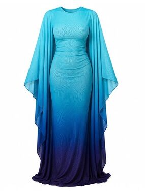 OFUURE Ombre Aqua to Navy Maxi Dress with Cape Sleeves